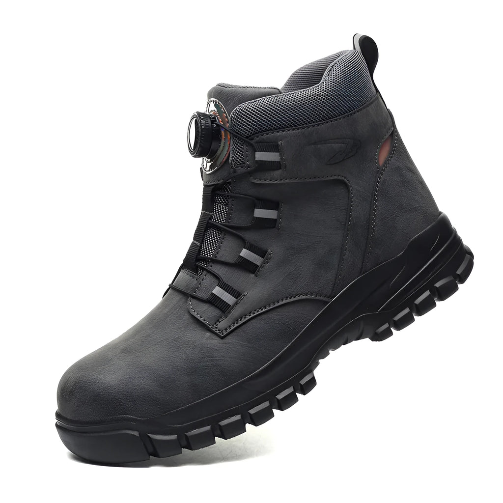 Black leather steel-toed safety work shoe with a rubber sole, shown on a grey background.