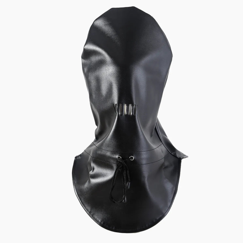Black leather adjustable BDSM training mask for adult role-play scenarios