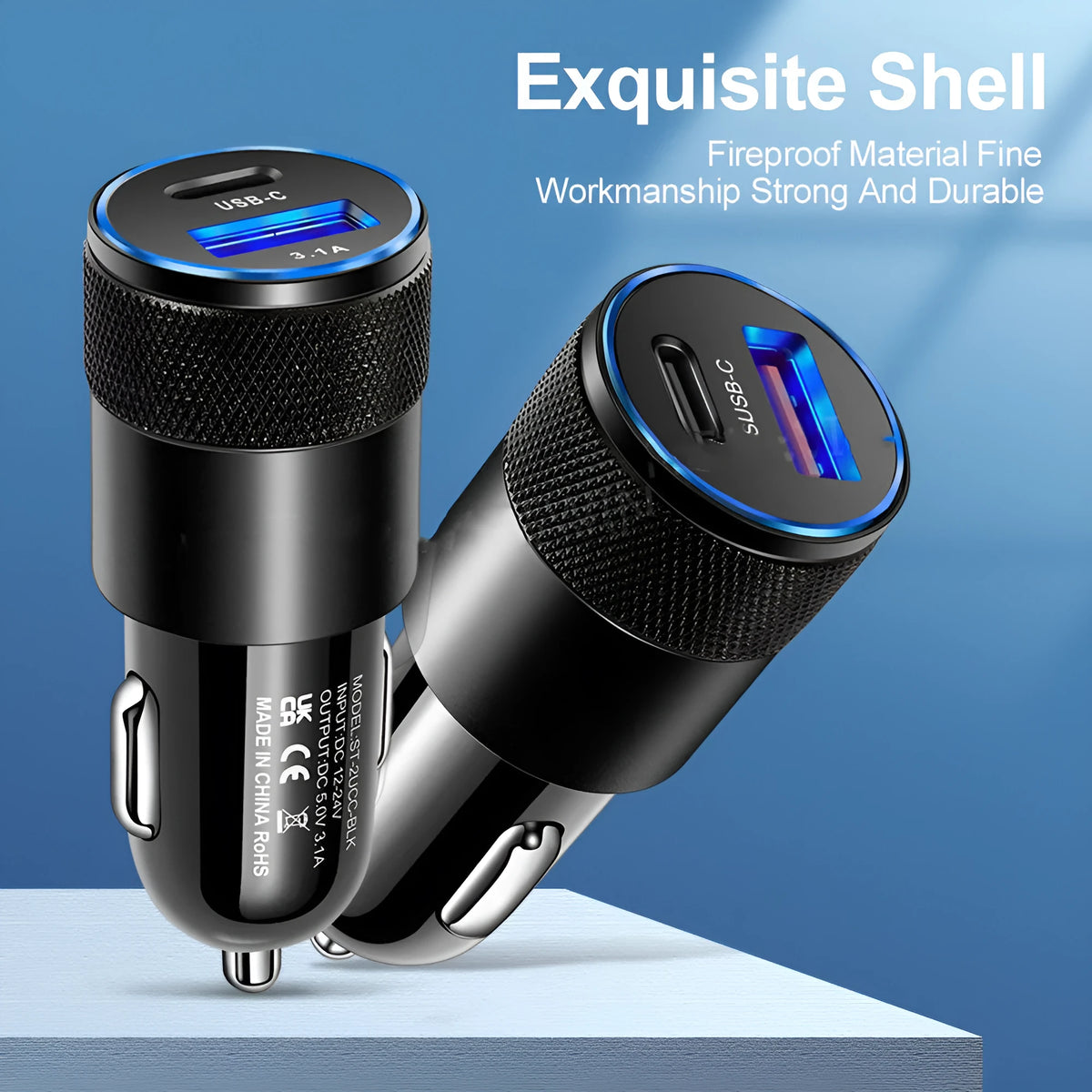 Compact aluminium alloy car mobile phone charger in Black Silver two-tone finish