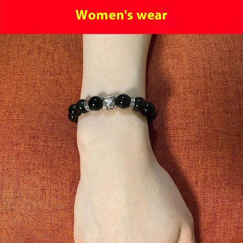 Natural black obsidian and silver cloud year bracelet for men and women, showing 10mm and 12mm bead sizes.