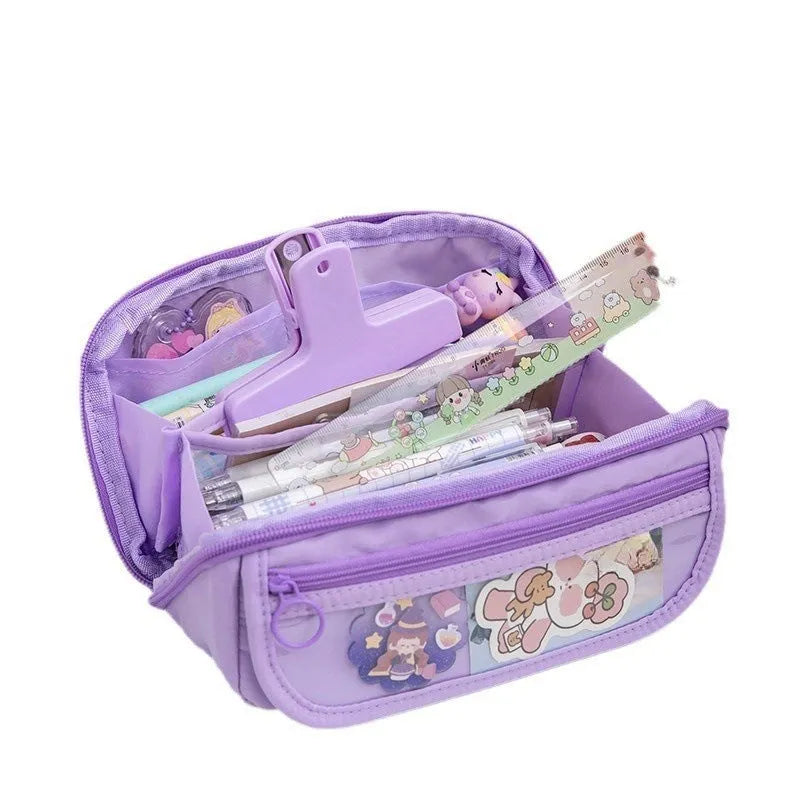 Ten-layer flip canvas pencil case in Korean style with six colour options including girl pink and space blue