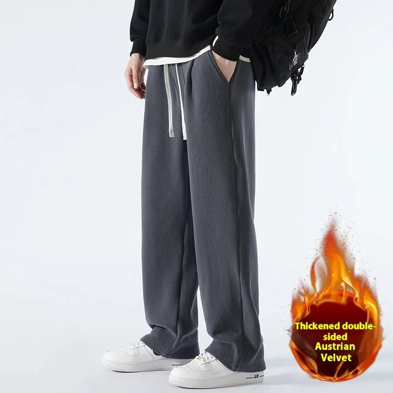 Men's double-sided polar fleece winter trousers in apricot colour with Korean-style loose fit