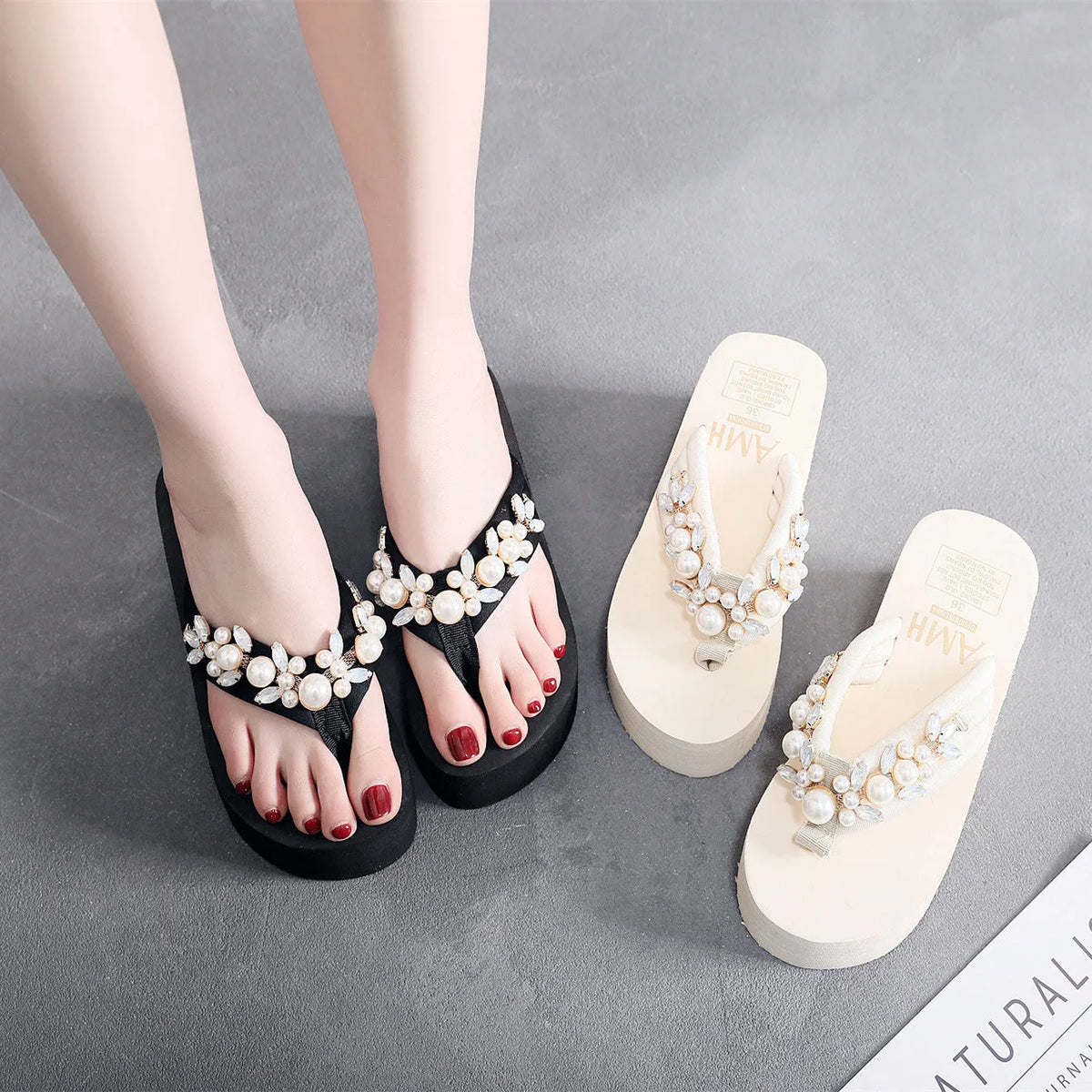 Women's beige high-heeled flip-flop slippers with a cotton cloth upper.