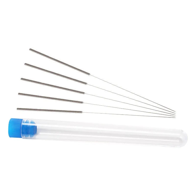 Ten stainless steel cleaning needles for 3D printer nozzles with five diameter sizes.