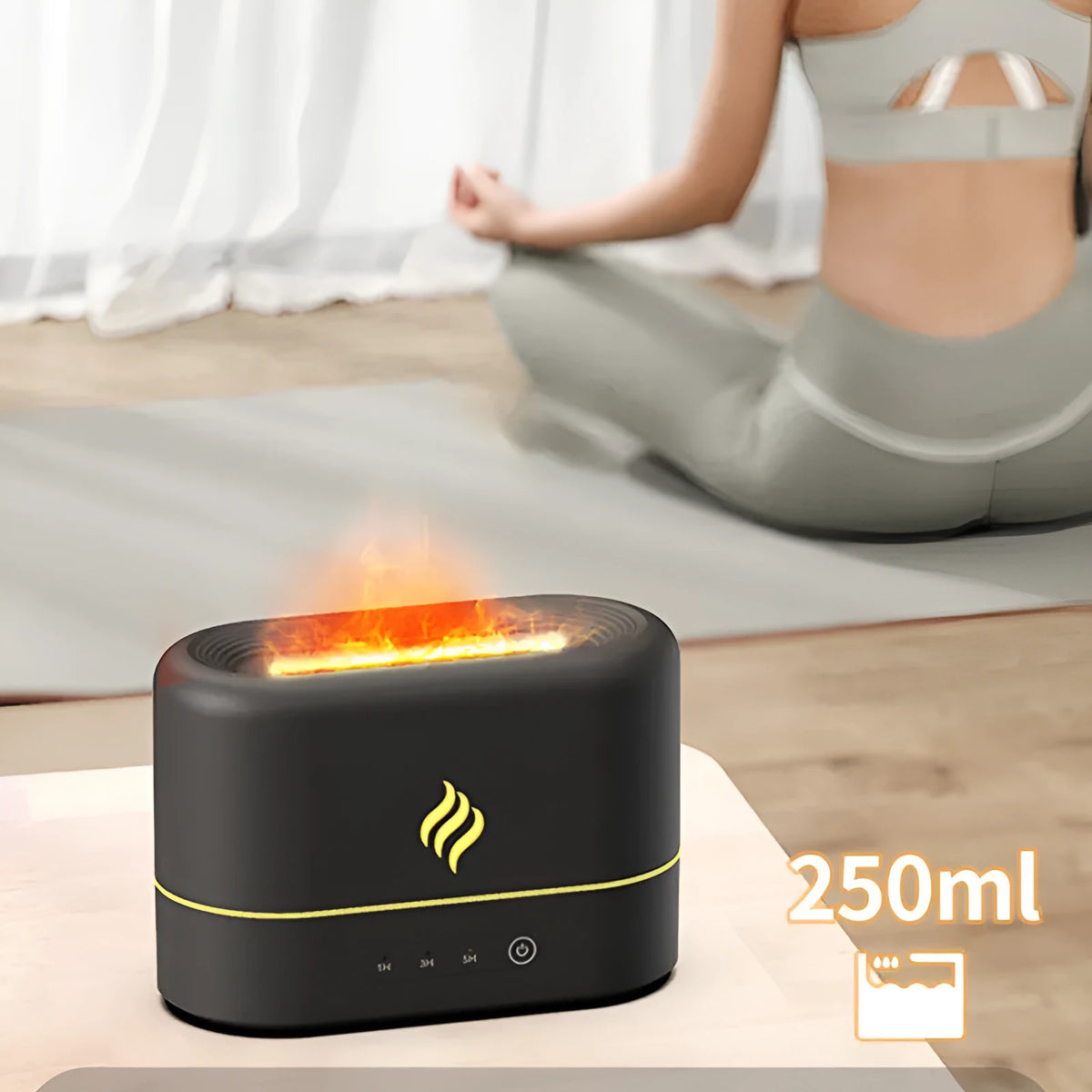 USB-powered aroma diffuser humidifier with seven-colour simulated flame effect showing mist output