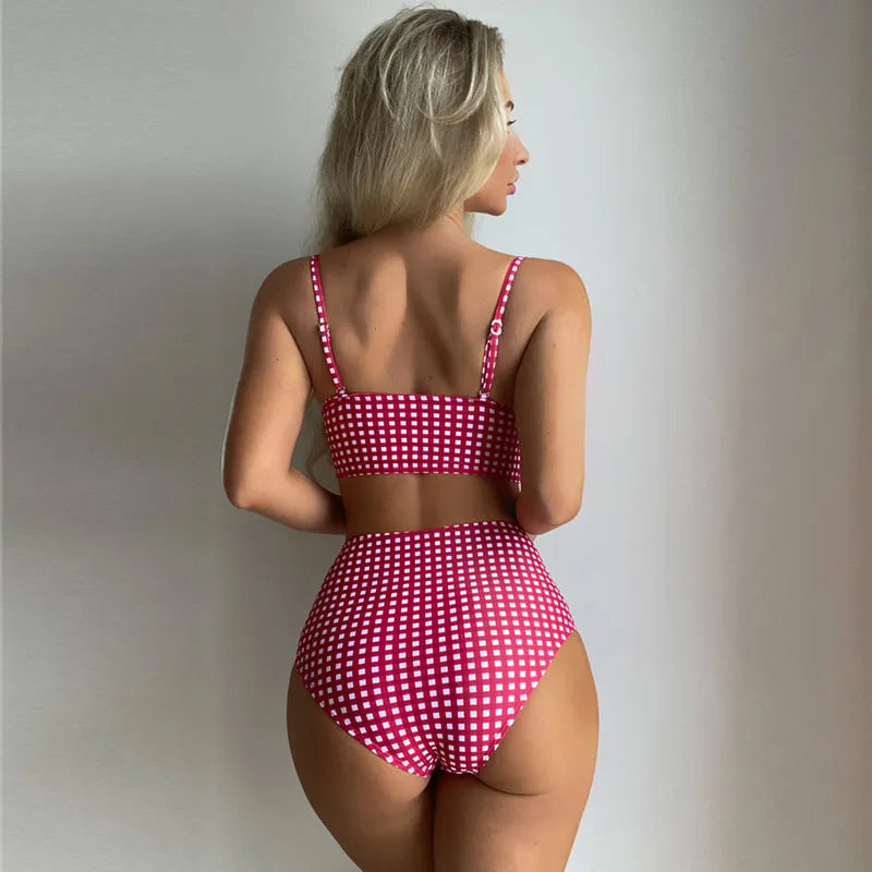 Women's plaid pattern bikini swimsuit with high-waist briefs and split cup top