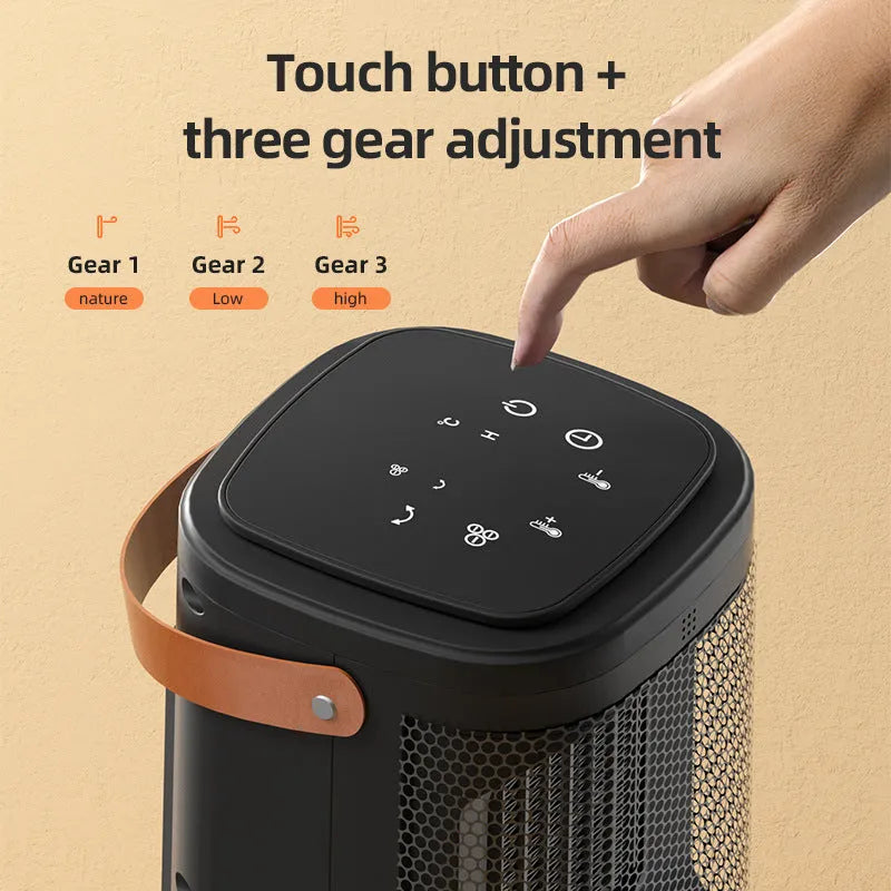 Grey digital hot and cold air heating radiator with touch screen display and remote control.