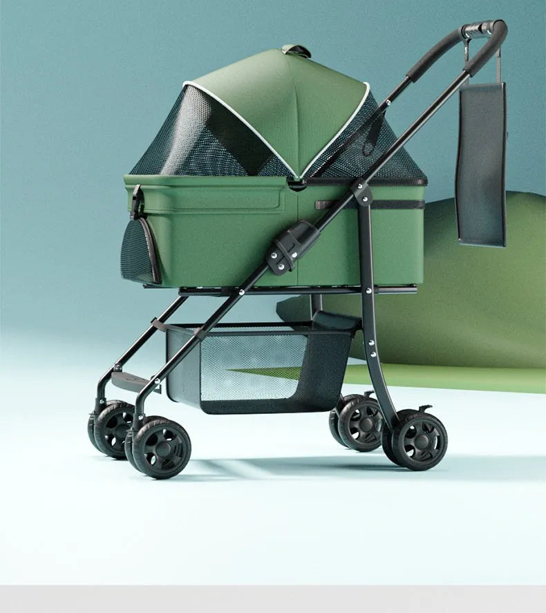 Black folding pet cart with metal frame and large transport capacity for medium dogs