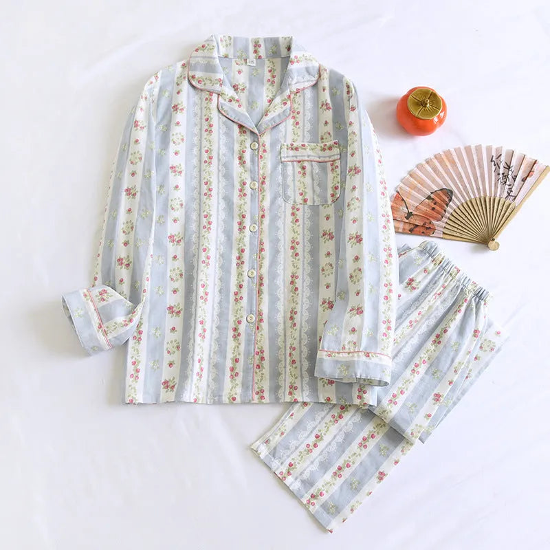 Women's cotton gauze long sleeve top and trousers homewear set in a stripes or fruit pattern.