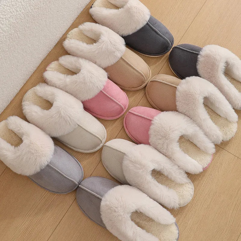 Brown plush women's slippers with a round toe, flat heel, and textured non-slip sole.