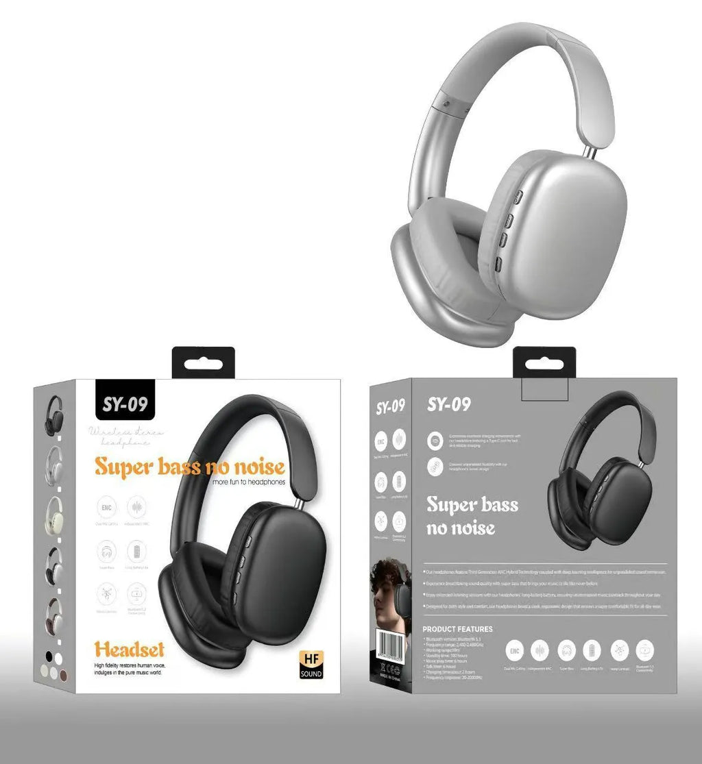 Bluetooth over-ear sports headset with leather earmuffs, 3.5mm plug, microphone, and Type-C cable in colour box