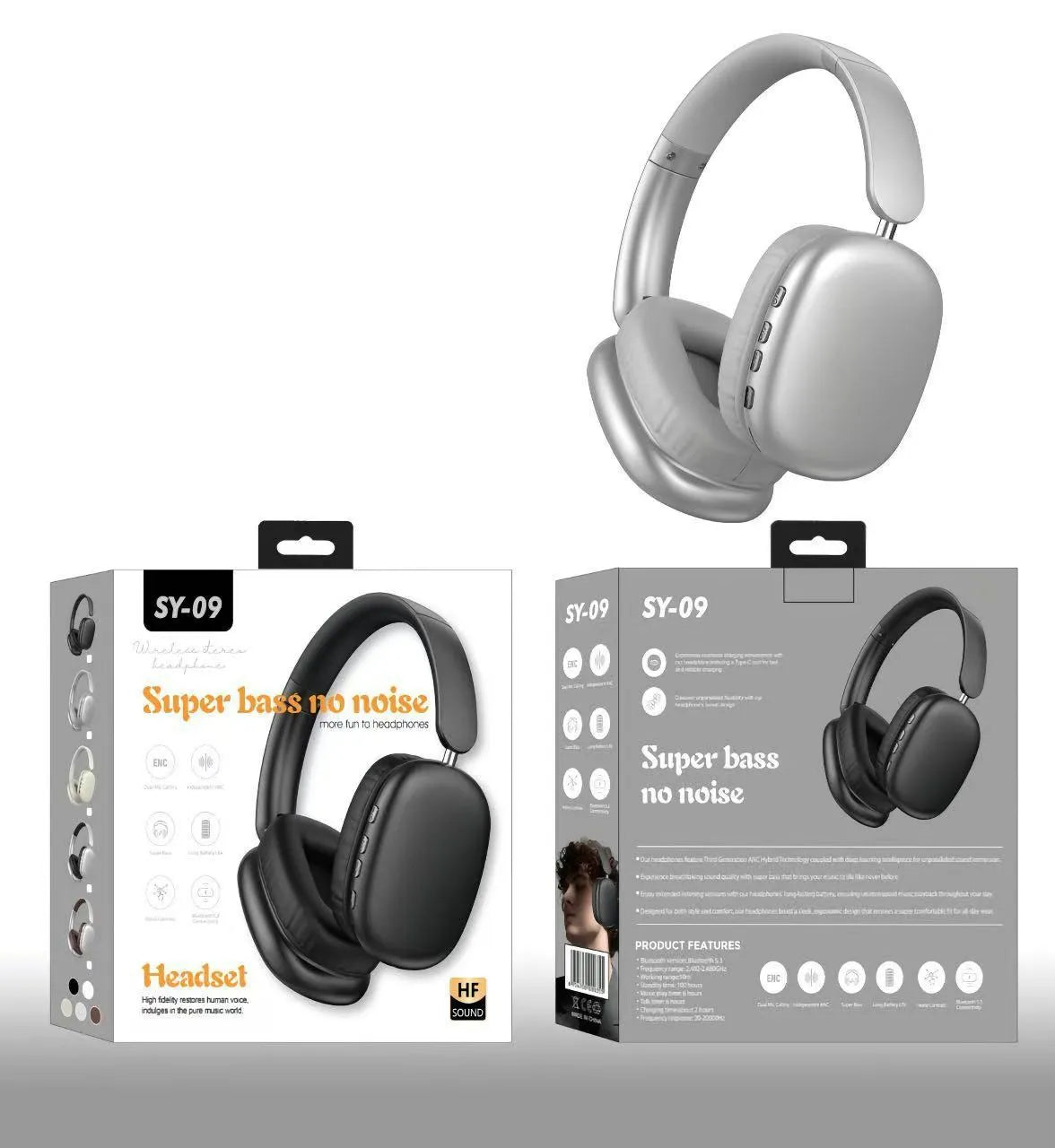 Bluetooth over-ear sports headset with leather earmuffs, 3.5mm plug, microphone, and Type-C cable in colour box