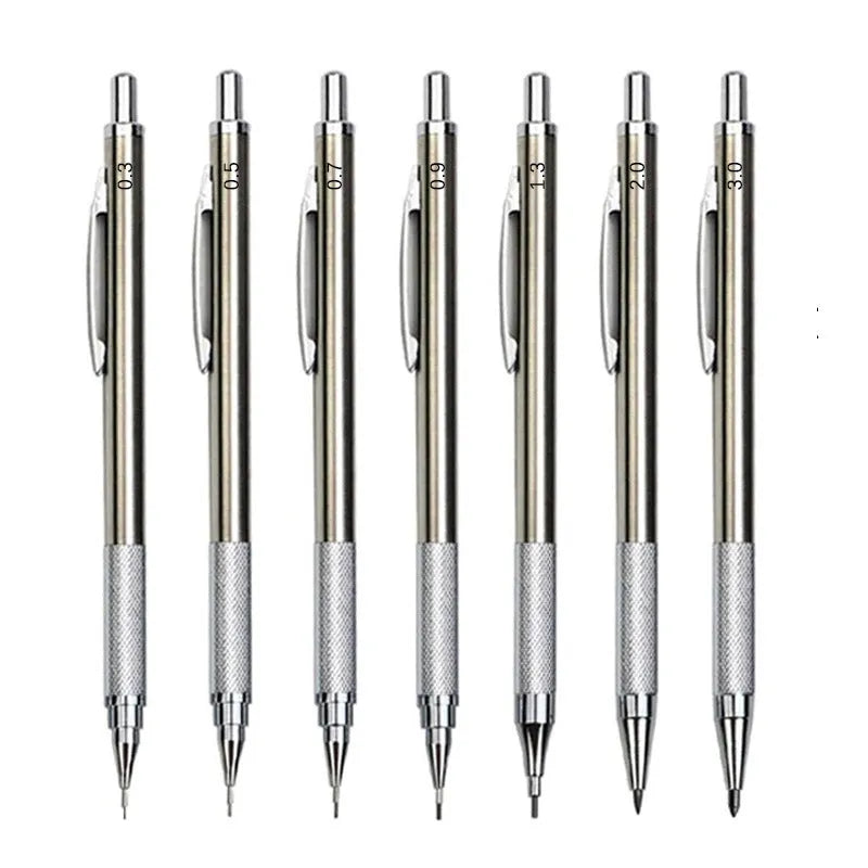 Metal automatic mechanical pencil with multiple lead size options for writing and drawing