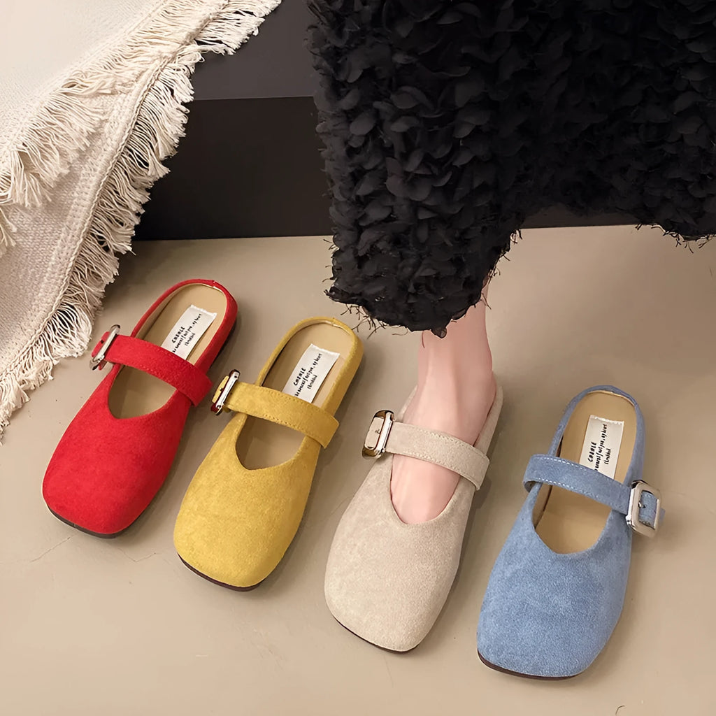 Women's flat closed toe slippers with square toe design in apricot colour