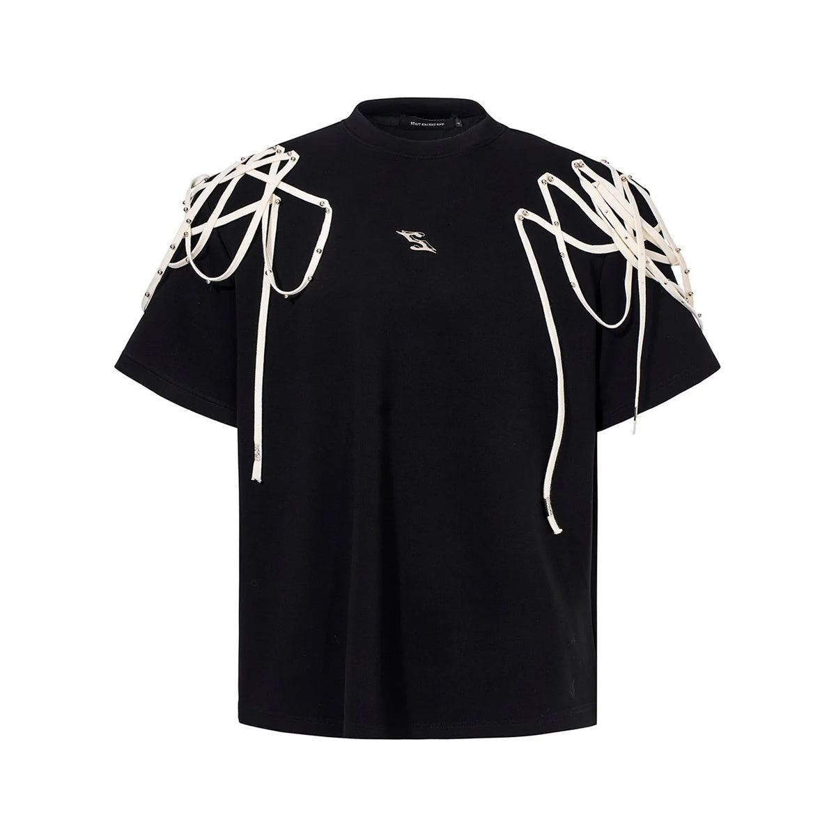Black short-sleeved t-shirt with padded shoulders and rivet ribbon detail in loose fit round neck style