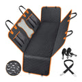 Black and orange edged waterproof pet car mat laid flat, showing mesh window and rear accessory pocket