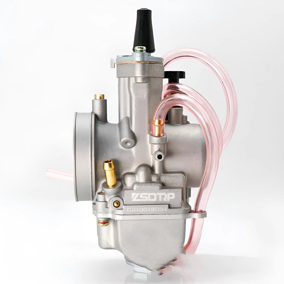 Sandblasted motorcycle carburettor with multiple bore size options for engine performance tuning.