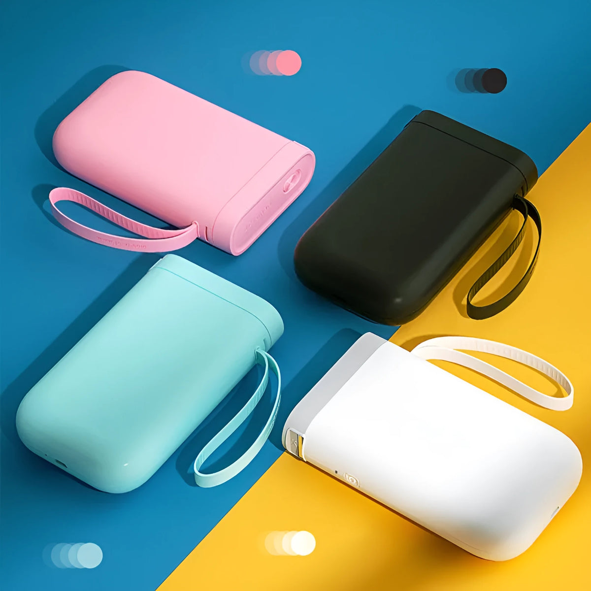 D11 Bluetooth thermal label printer in black, white, green, or pink next to a smartphone showing the label design app.