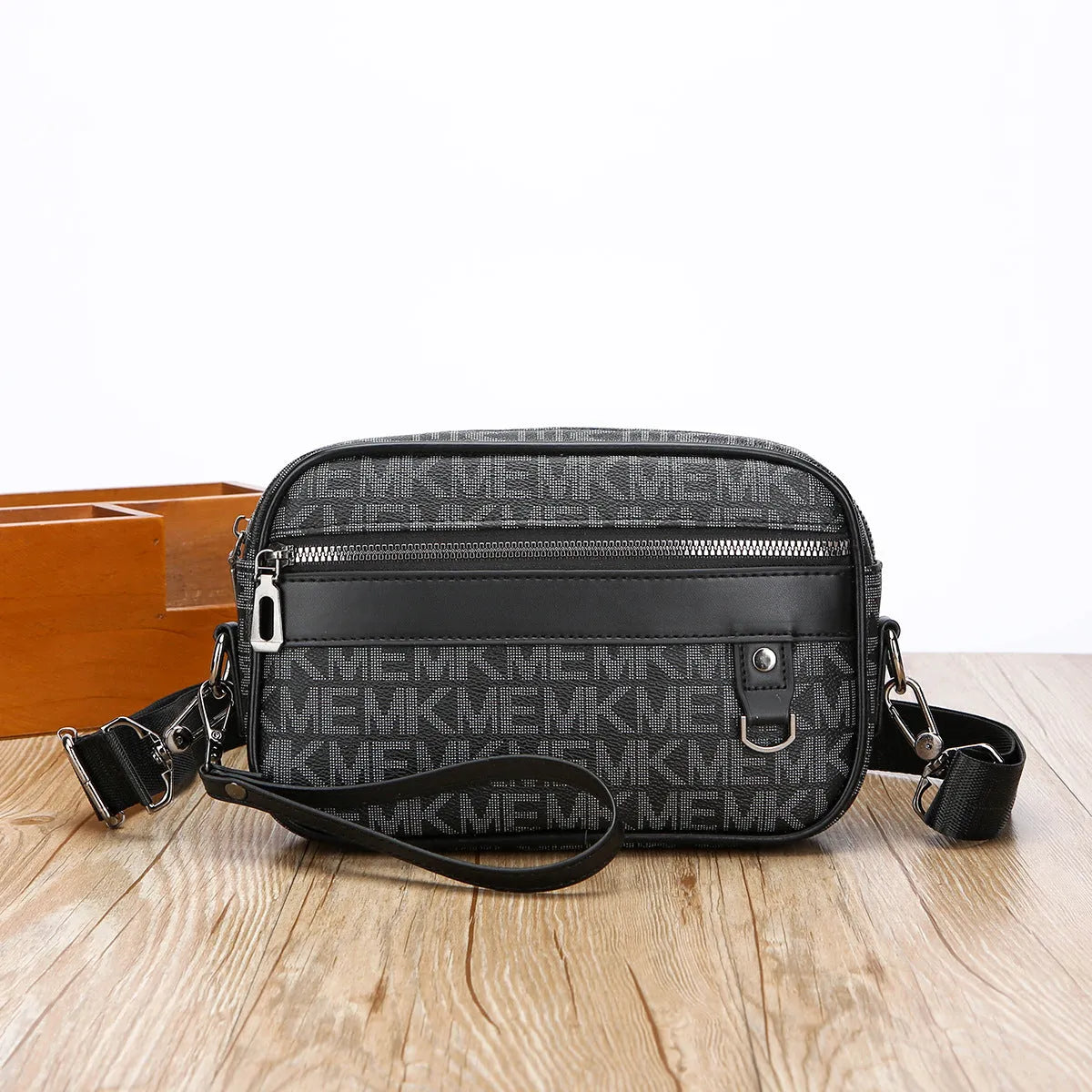 Men's geometric pattern shoulder messenger bag in PU leather with large capacity and horizontal design