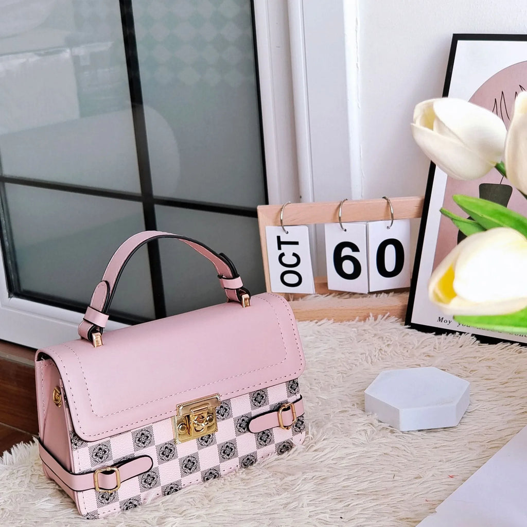 Square patterned ethnic crossbody bag in PU leather with floral stitching and file compartment