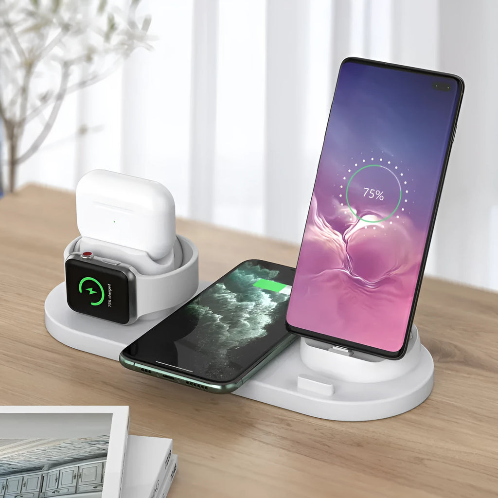 Black and white multifunctional wireless charging mobile phone holder with multiple device charging areas