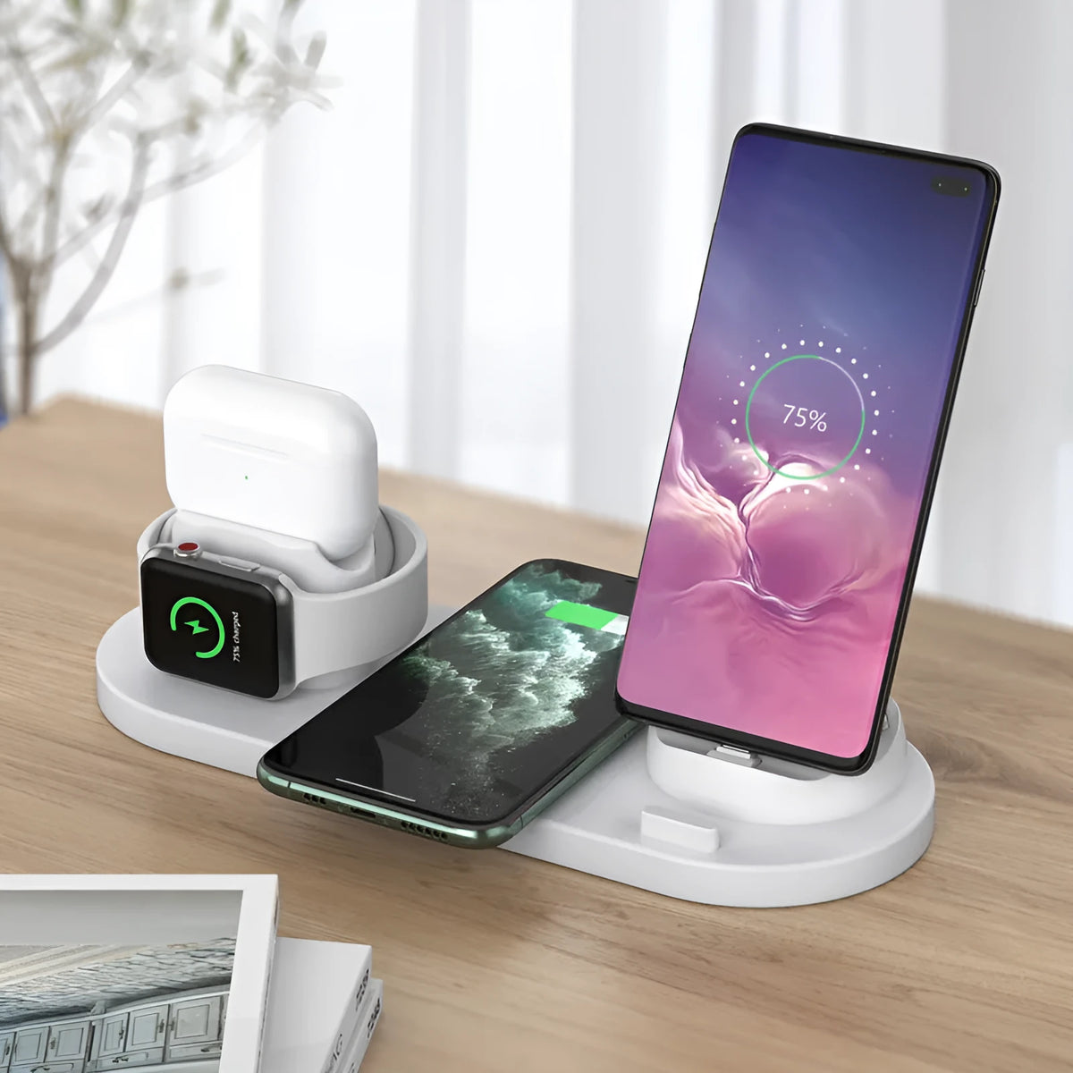 Black and white multifunctional wireless charging mobile phone holder with multiple device charging areas