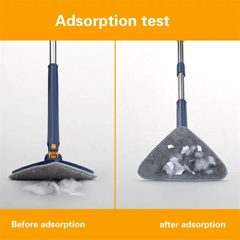 Blue triangle cleaning mop with rotating head on an extendable stainless steel pole.