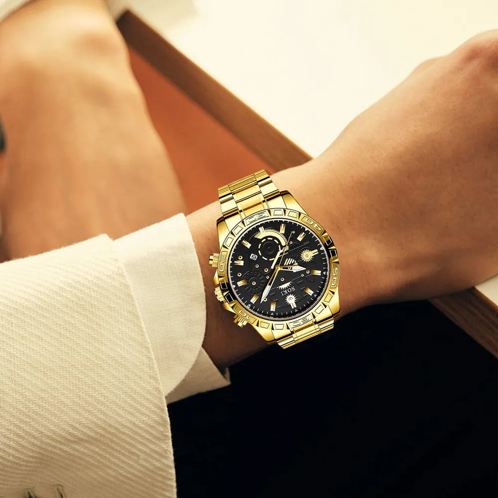 Gold men's business quartz watch with stainless steel strap and calendar display