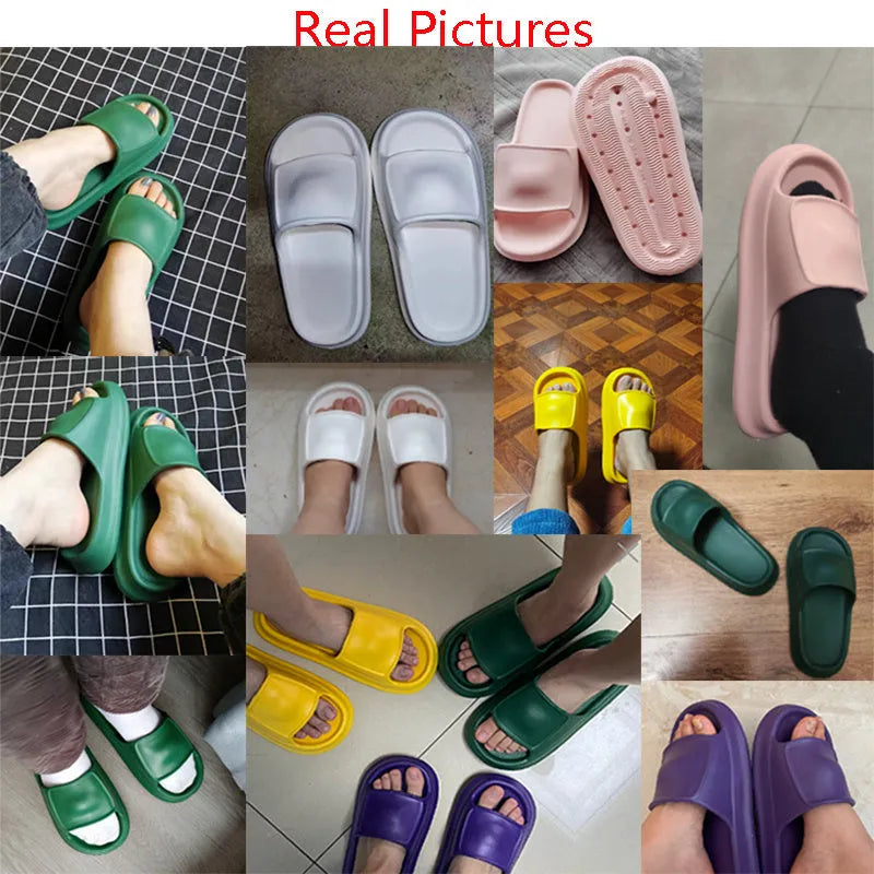 Unisex thick-soled EVA flip-flop slippers in various colours on a white background.