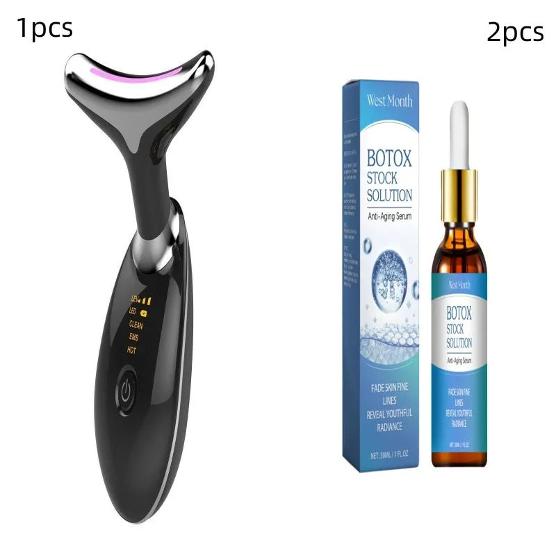 EMS thermal neck lifting massager device with LED lights, USB cable, and moisturiser.