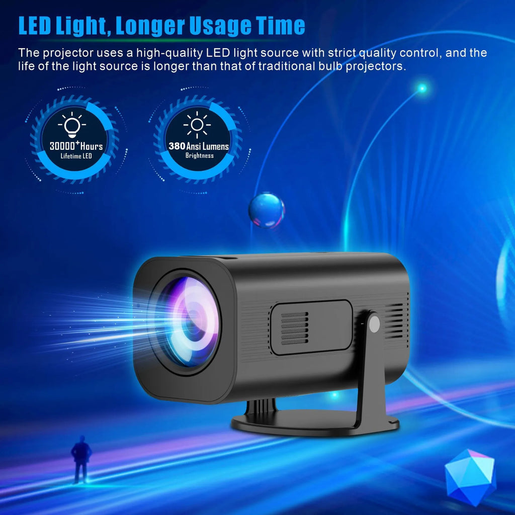 P330 portable mini projector in black or white colour, shown with remote control and power cord.