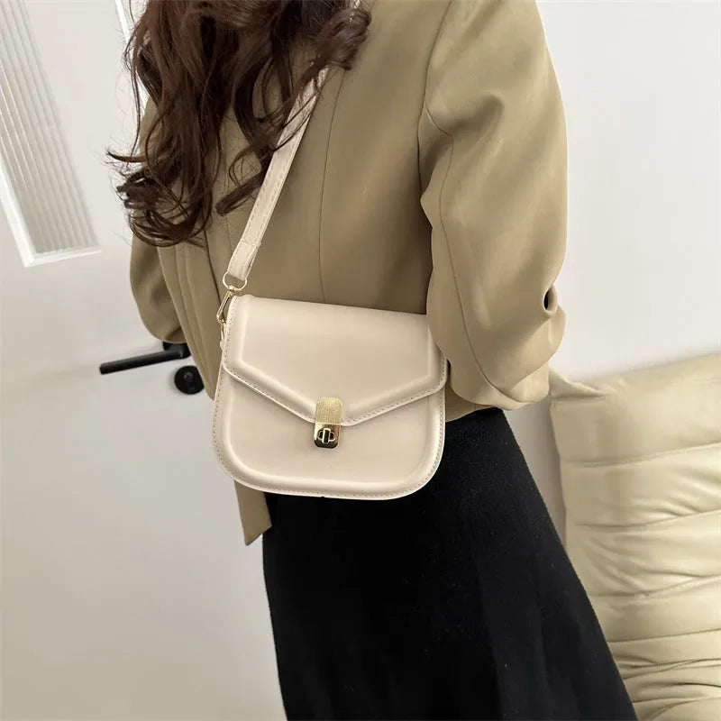 Soft PU leather horizontal square messenger bag with clamshell opening in khaki colour