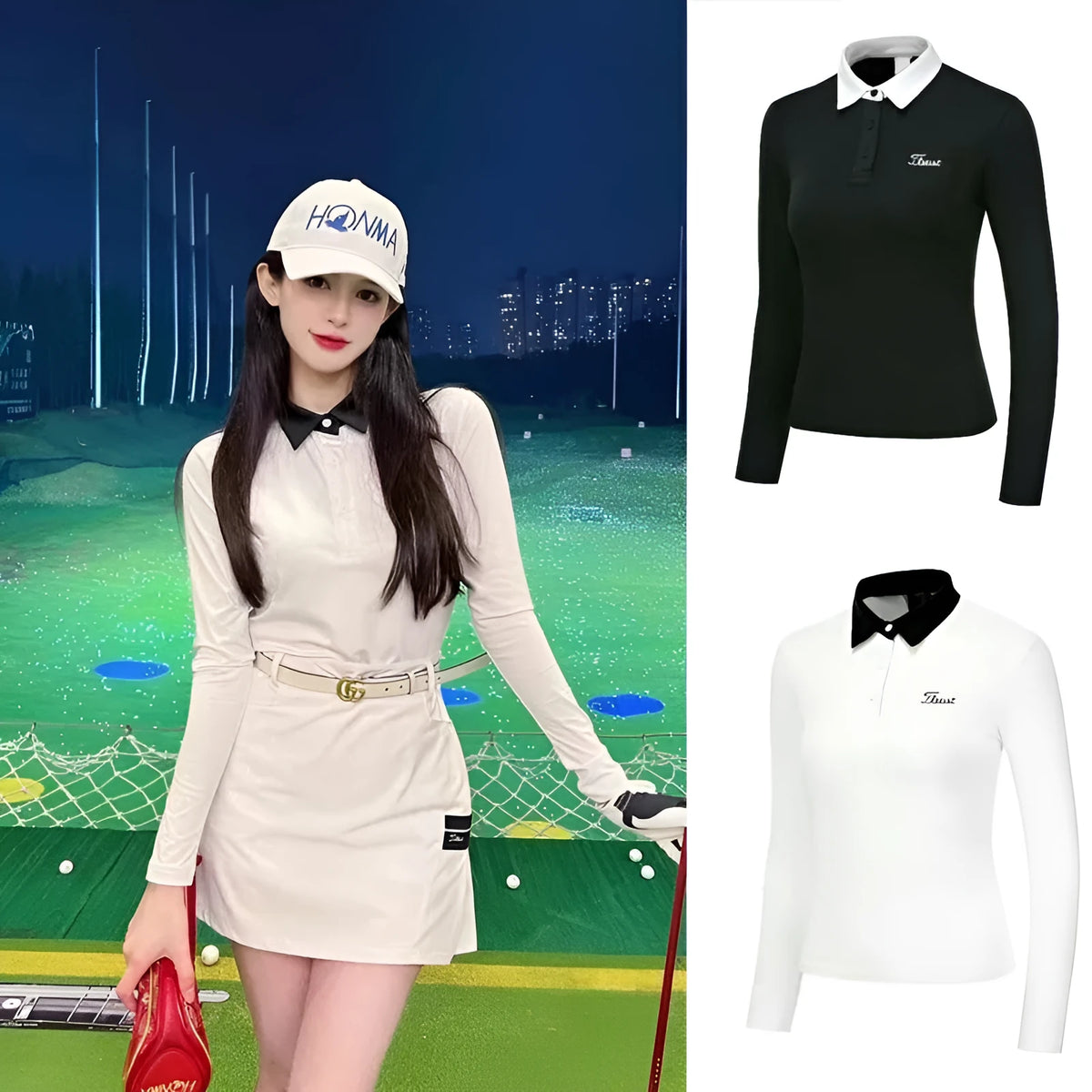 Women's white long sleeve polyester golf top for sun protection and outdoor activities
