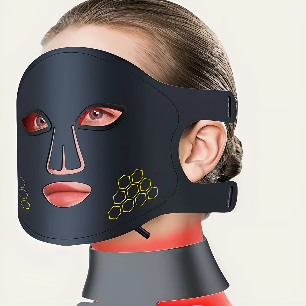 Four-colour LED photon beauty mask showing light therapy panels for facial and neck treatment