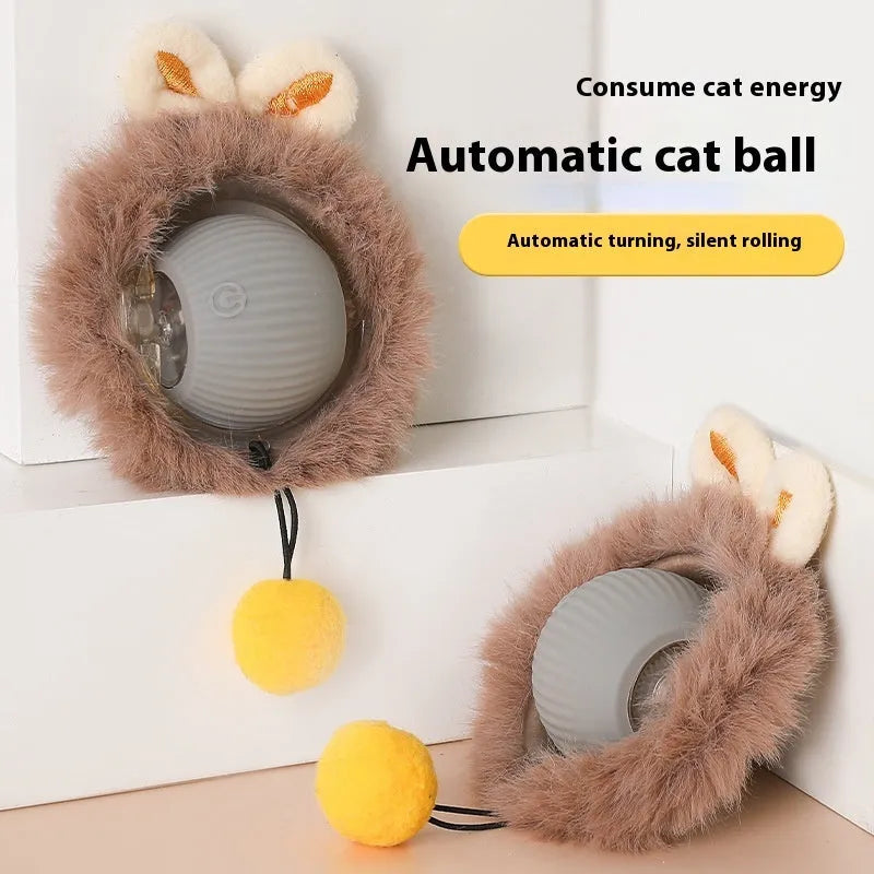 Silicone cat toy ball in plush red, green, or grey colours with optional rope attachment