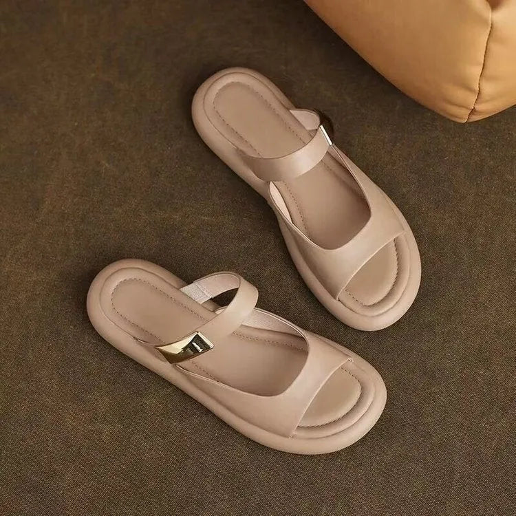 Women's apricot platform sandals with peep toe design, soft leather uppers and flat rubber soles