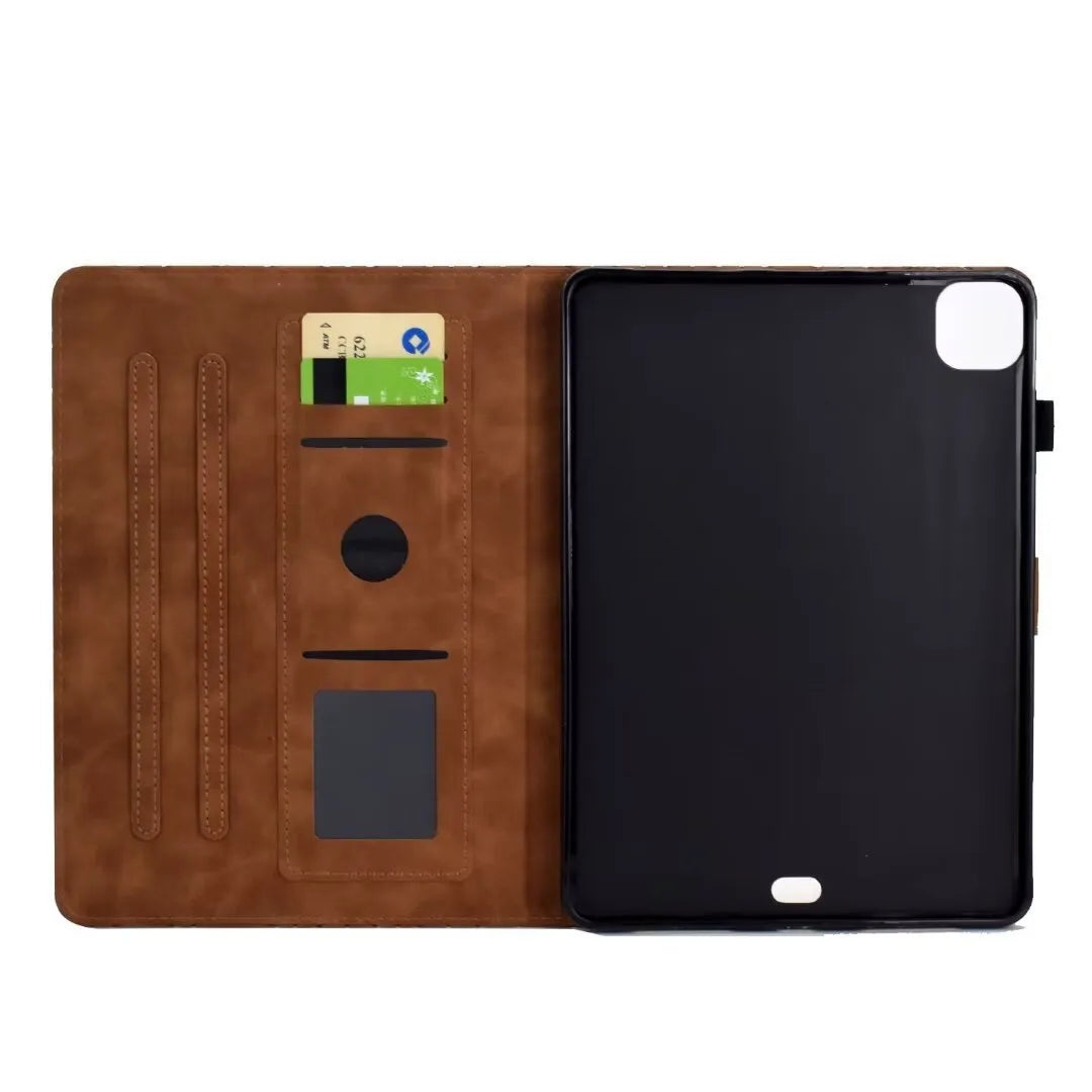 iPad Pro 11 leather case in diamond frosted green with card holder flap open and kickstand deployed.