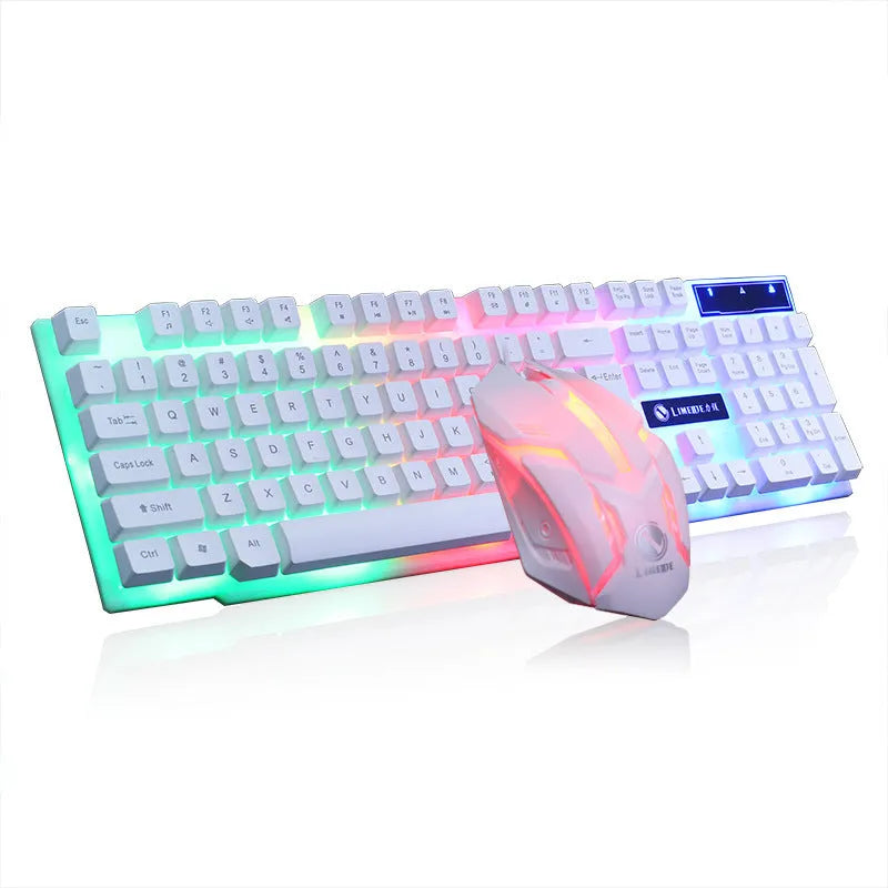 Limei GTX300 white gaming keyboard and mouse set with RGB backlight on desk