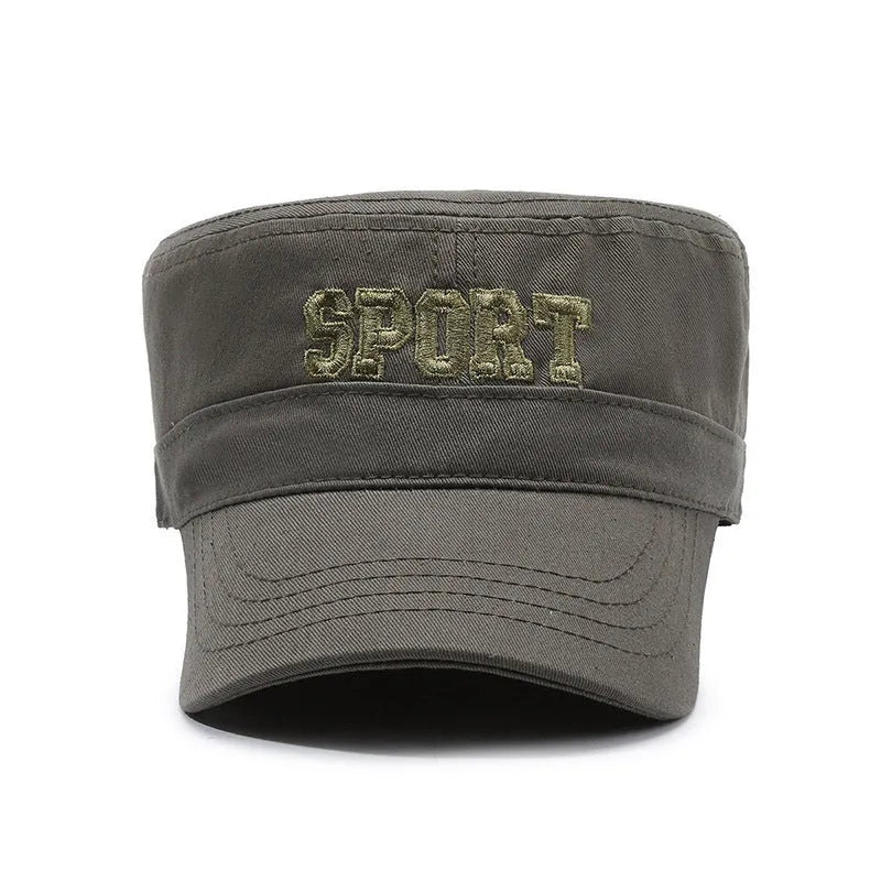 Men's flat-top peaked cotton cap in adjustable size with sun protection properties