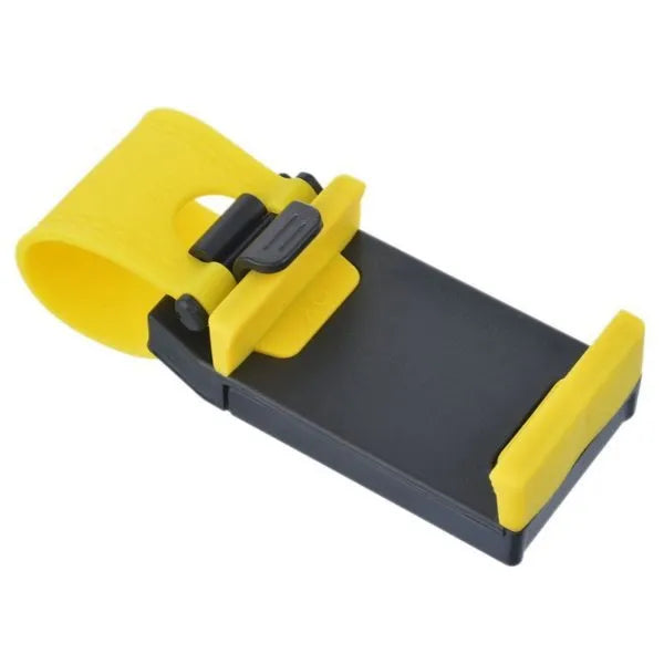 Black steering wheel phone mount with elastic clip and silicone padding for smartphones
