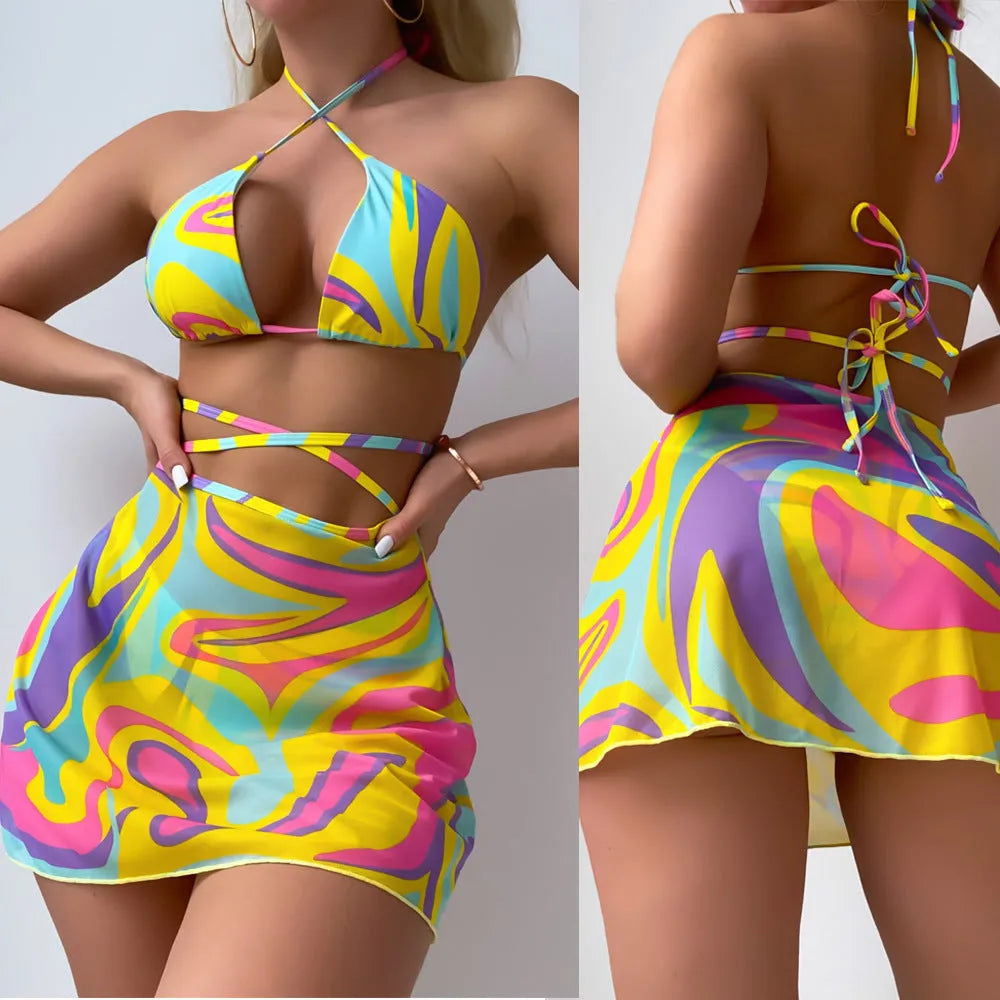 Yellow striped halter neck swimsuit for women with lace-up front and matching skirt