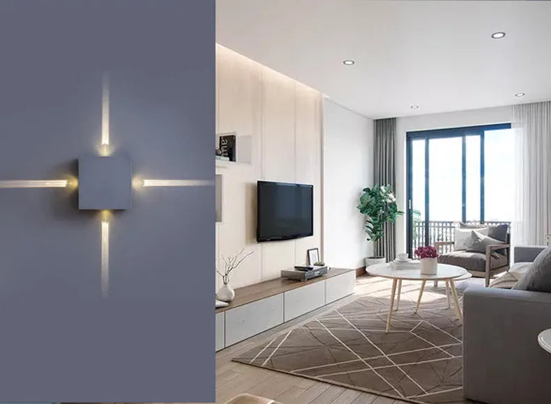 Square and round LED wall light with aluminium body and iron lampshade in 141x141x45mm dimensions