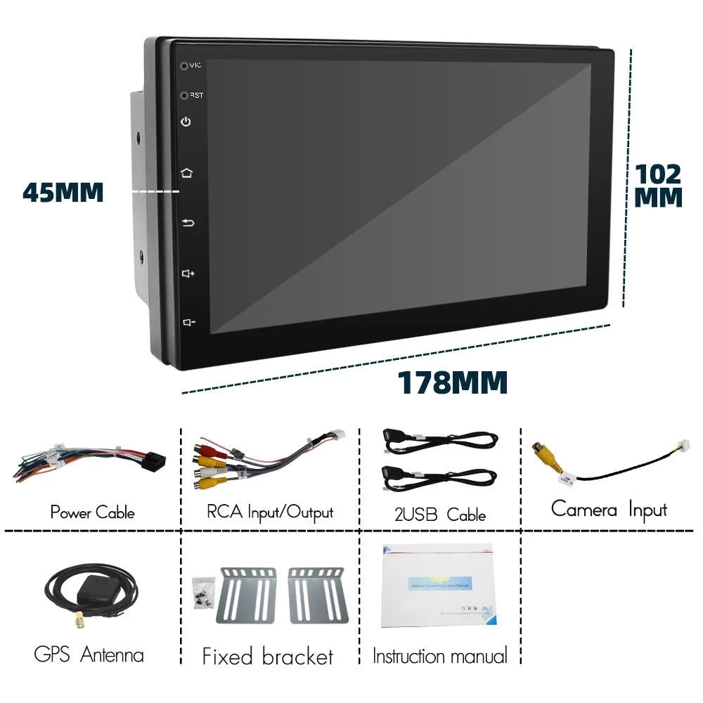 Black universal car radio with 7-inch screen, GPS navigation and Apple CarPlay for manual transmission vehicles