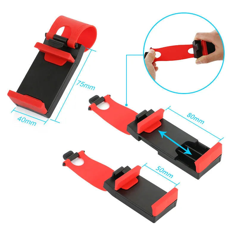 Black and red universal car steering wheel clip mount holder for mobile phones and GPS.