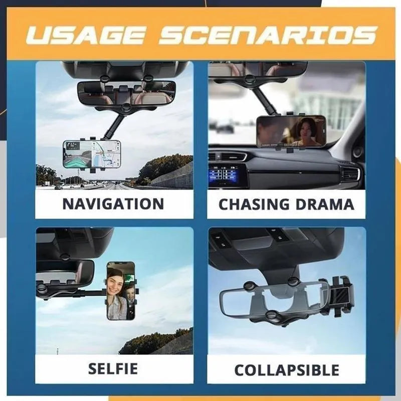 Black rearview mirror car phone holder with telescopic arm and four-claw phone grip, shown in a vehicle.