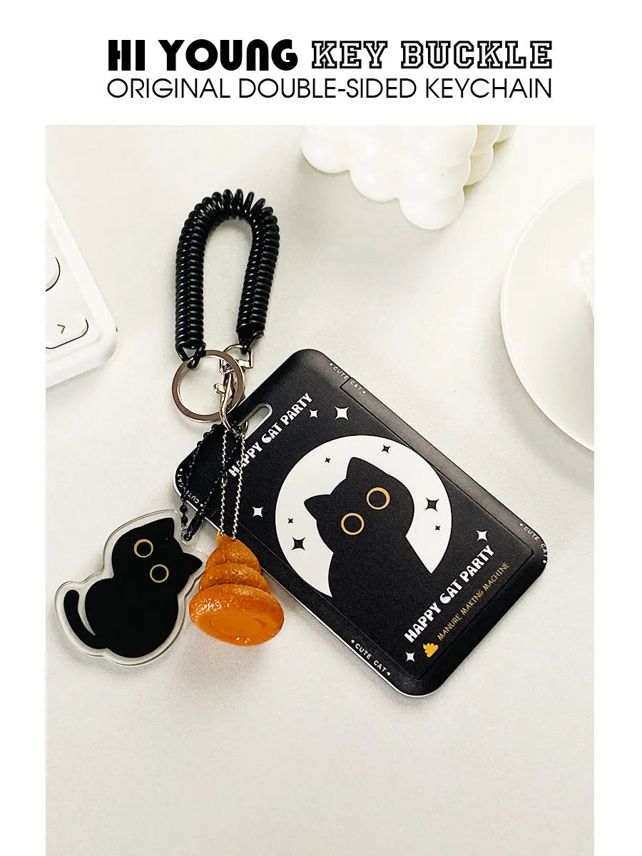 Plastic card holder with black cat cartoon design and ferrule pendant for bus, subway and student ID cards
