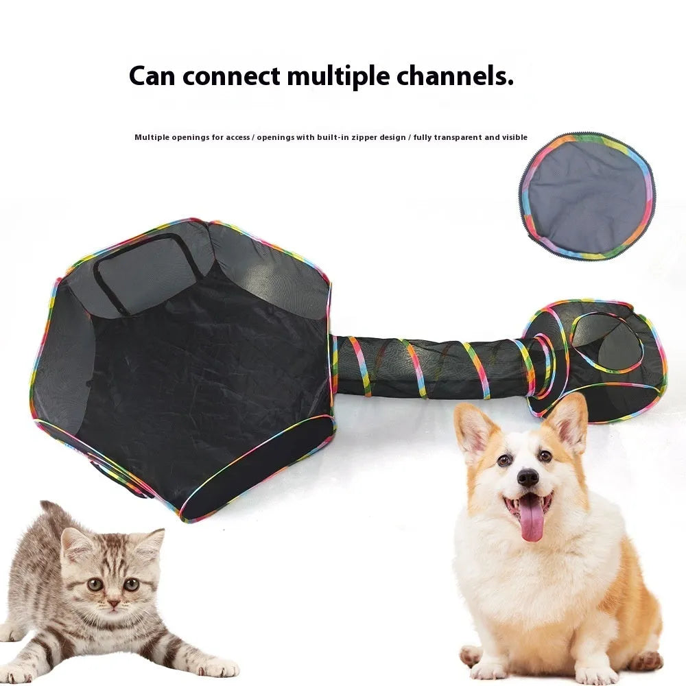 Foldable mesh cat cage in hexagonal style showing breathable fabric and collapsible design
