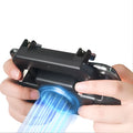 Black mobile game controller for smartphones with USB cable, shot button, and lens button.