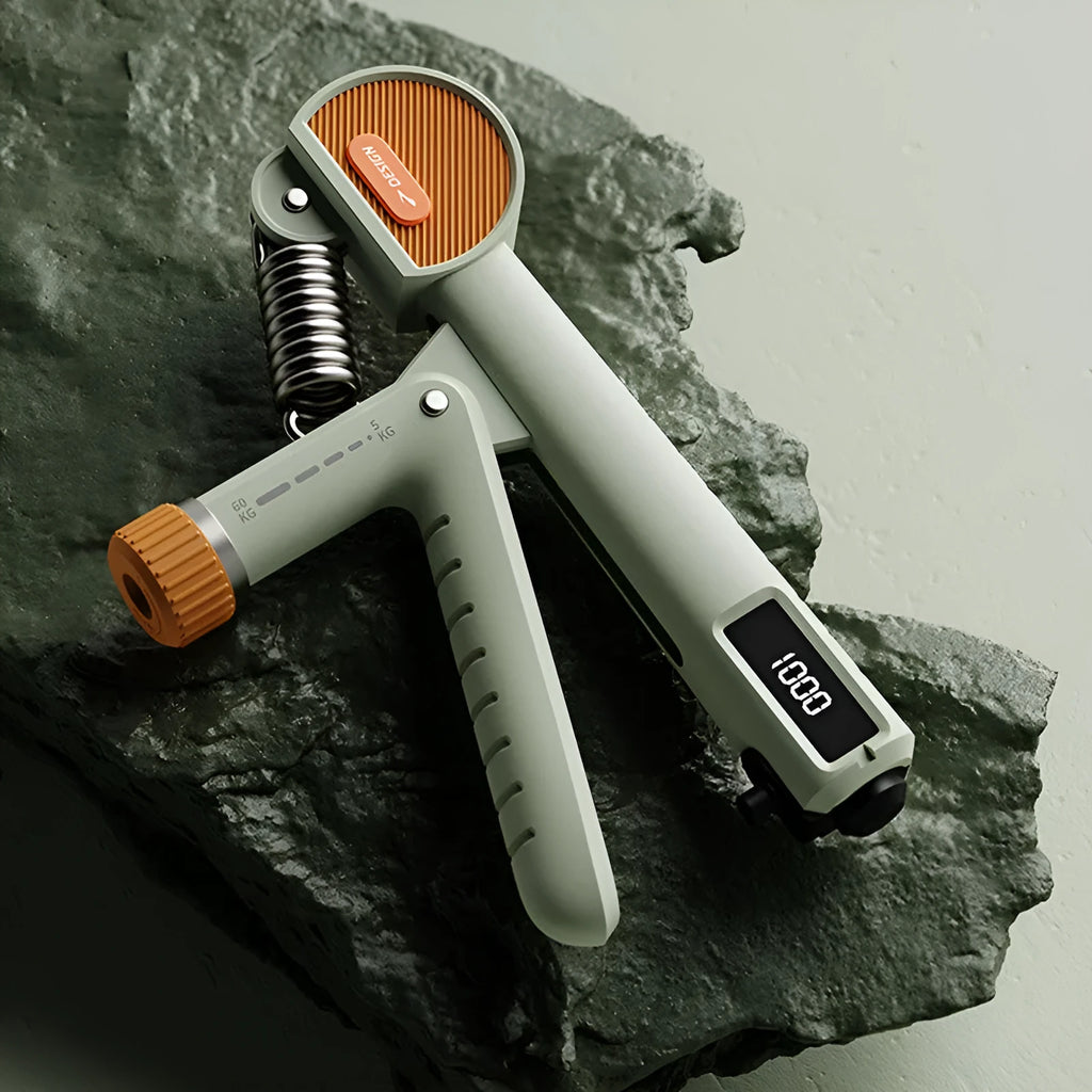 Adjustable spring grip hand exerciser in ABS plastic construction showing three colour options