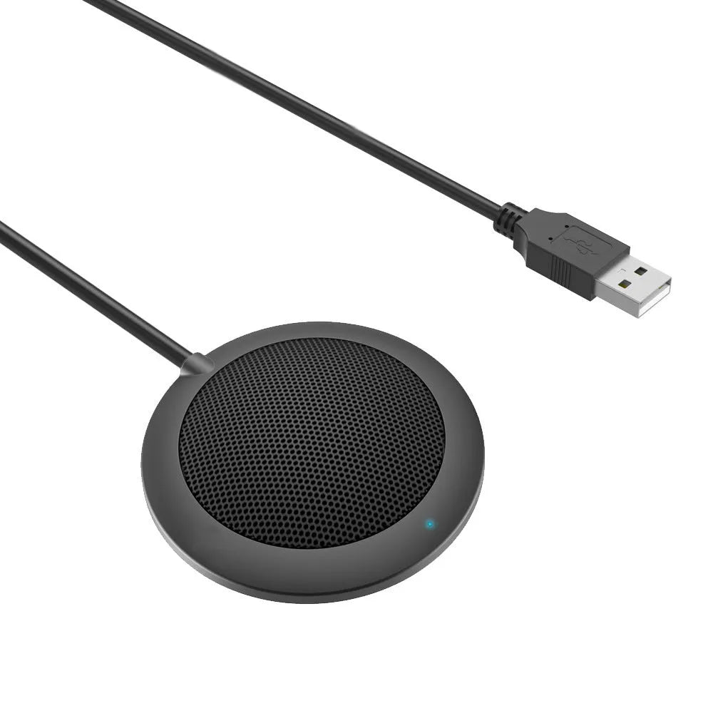 Black USB desktop microphone with metal mesh cover and zinc alloy construction for 360-degree omnidirectional pickup